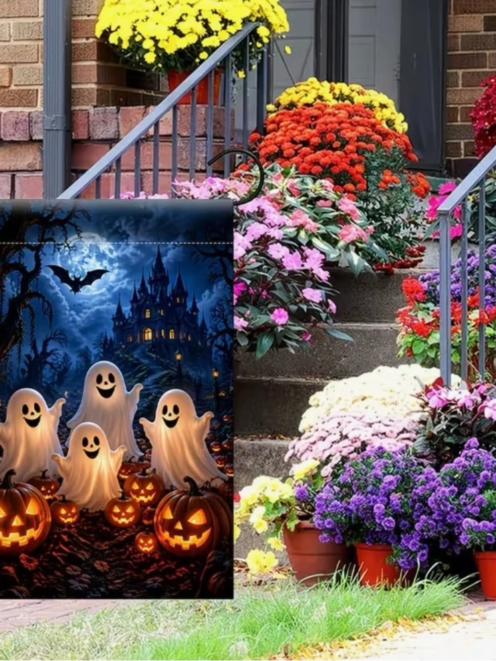 Halloween Cute Ghosts & Jack-O'-Lantern Garden Flag Spooky Night Haunted House